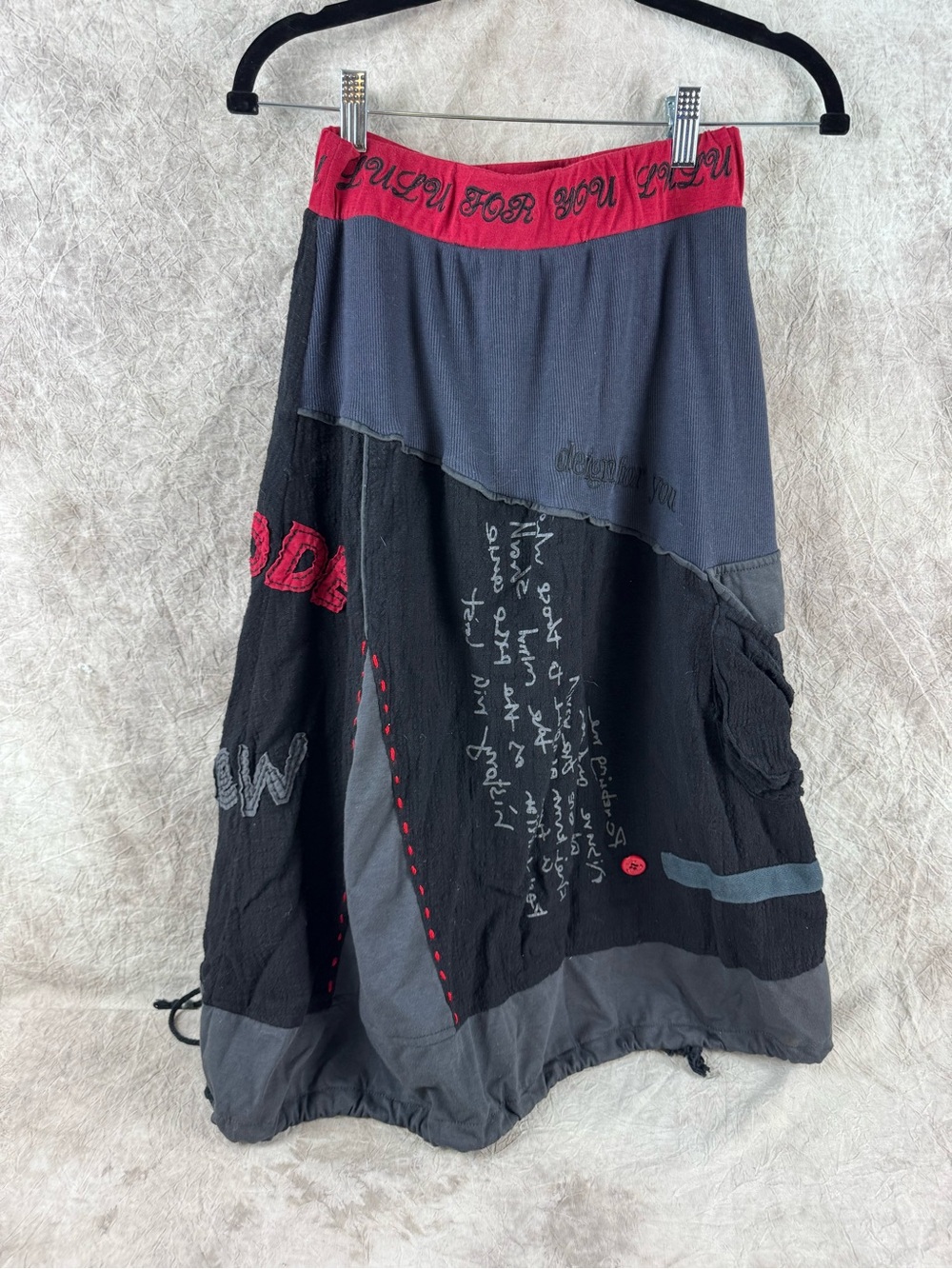 Distressed Patchwork Maxi Skirt in Black, Gray & Red LuLu H Paris. Steam Punk